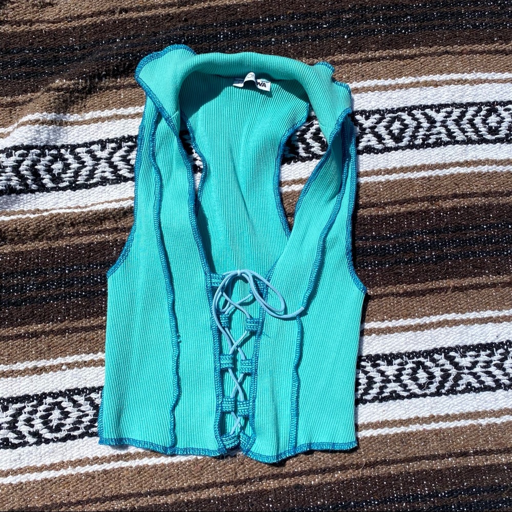 FASHIONNOVA Teal Patchwork Tie Crop